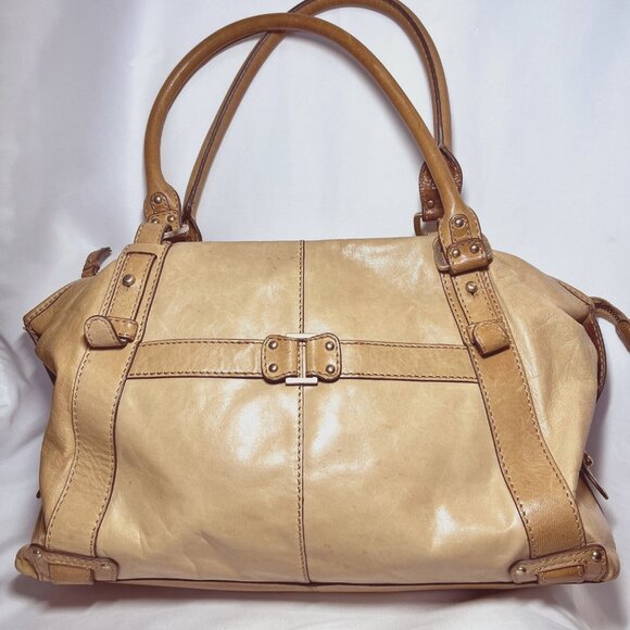 Sigrid Olsen Tan Leather shoulder/Tote/Purse-Large-Inside Pink/Green-Ph. Pocket - Picture 1 of 16